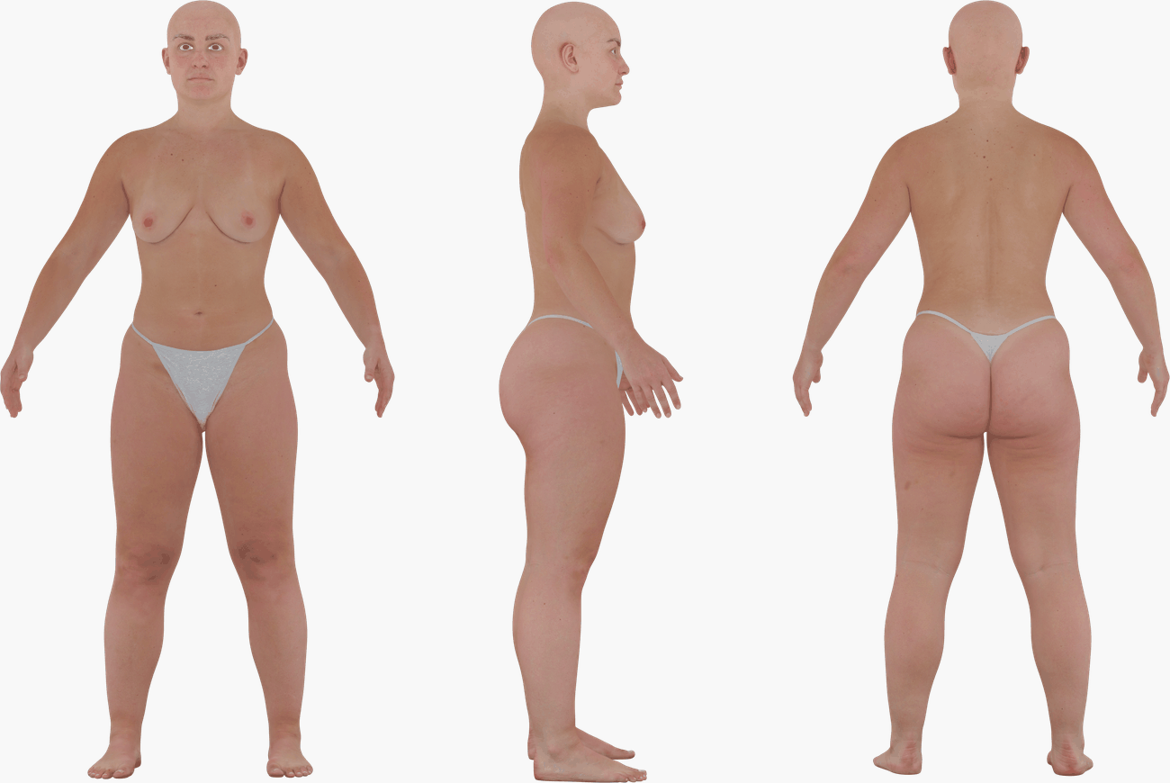 PBR texture map set for a female body scan including Albedo, Normals, Specular, Metalness, and Diffuse at 16K resolution